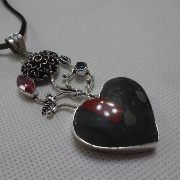 Artistic "FANCY JASPER & PINK/BLUE TOPAZ" FLORAL HEART HANDMADE Necklace 694A - Picture 1 of 3